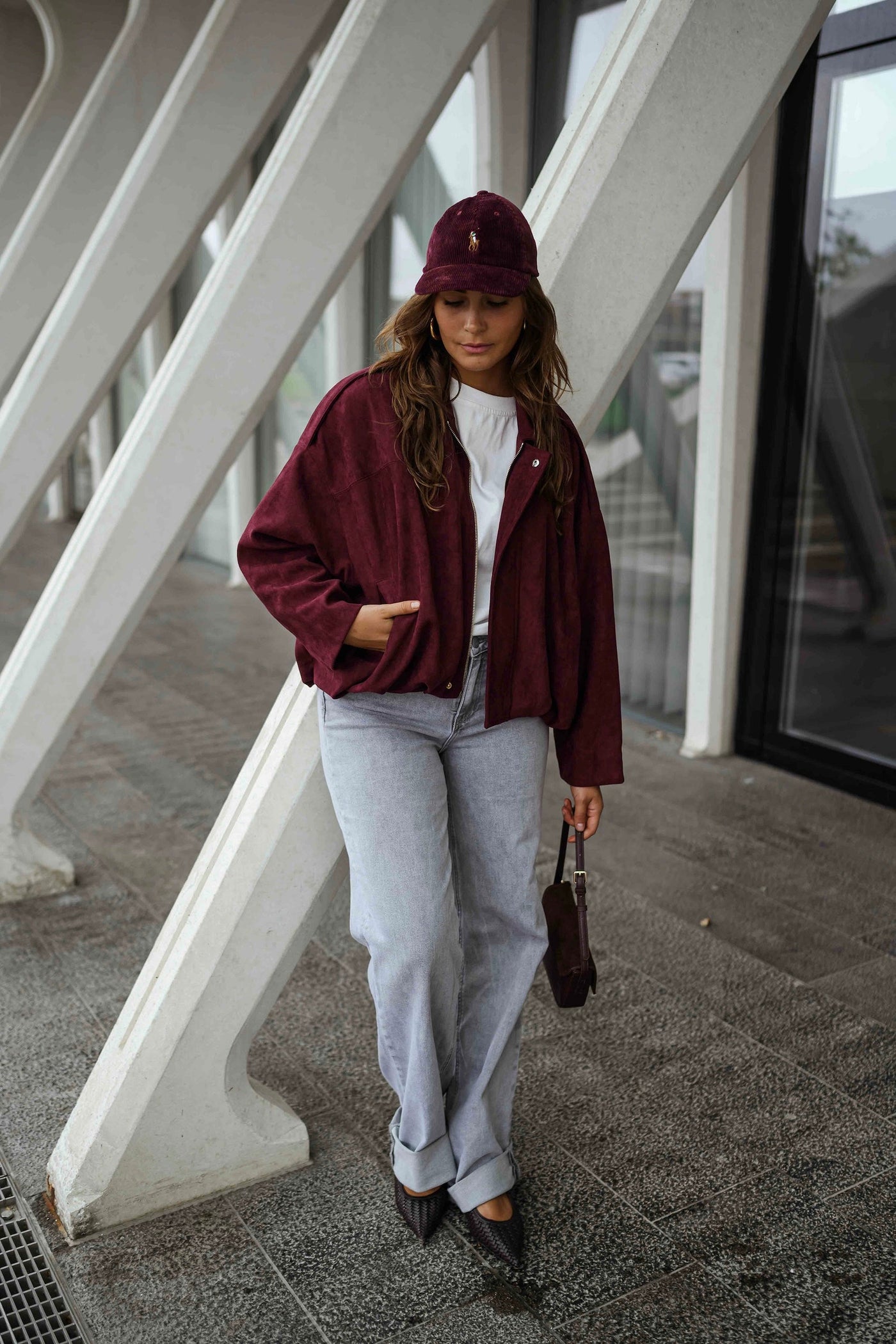 Burgundy Suede‑Effect Dave Jacket with Gold Zipper Relaxed Fit
