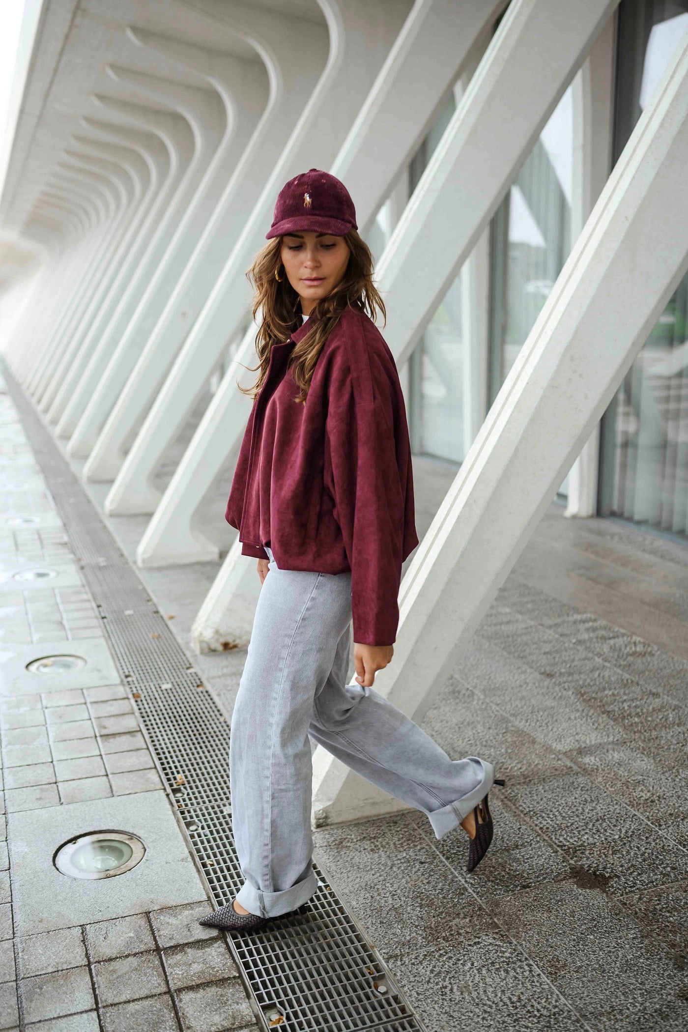 Burgundy Suede‑Effect Dave Jacket with Gold Zipper Relaxed Fit