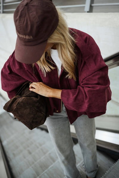 Burgundy Suede‑Effect Dave Jacket with Gold Zipper Relaxed Fit