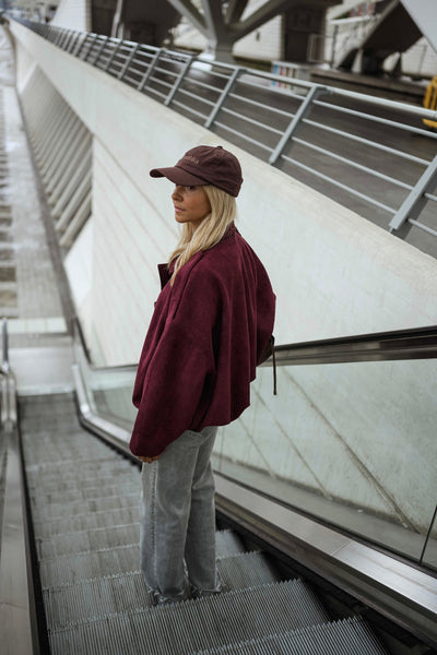 Burgundy Suede‑Effect Dave Jacket with Gold Zipper Relaxed Fit