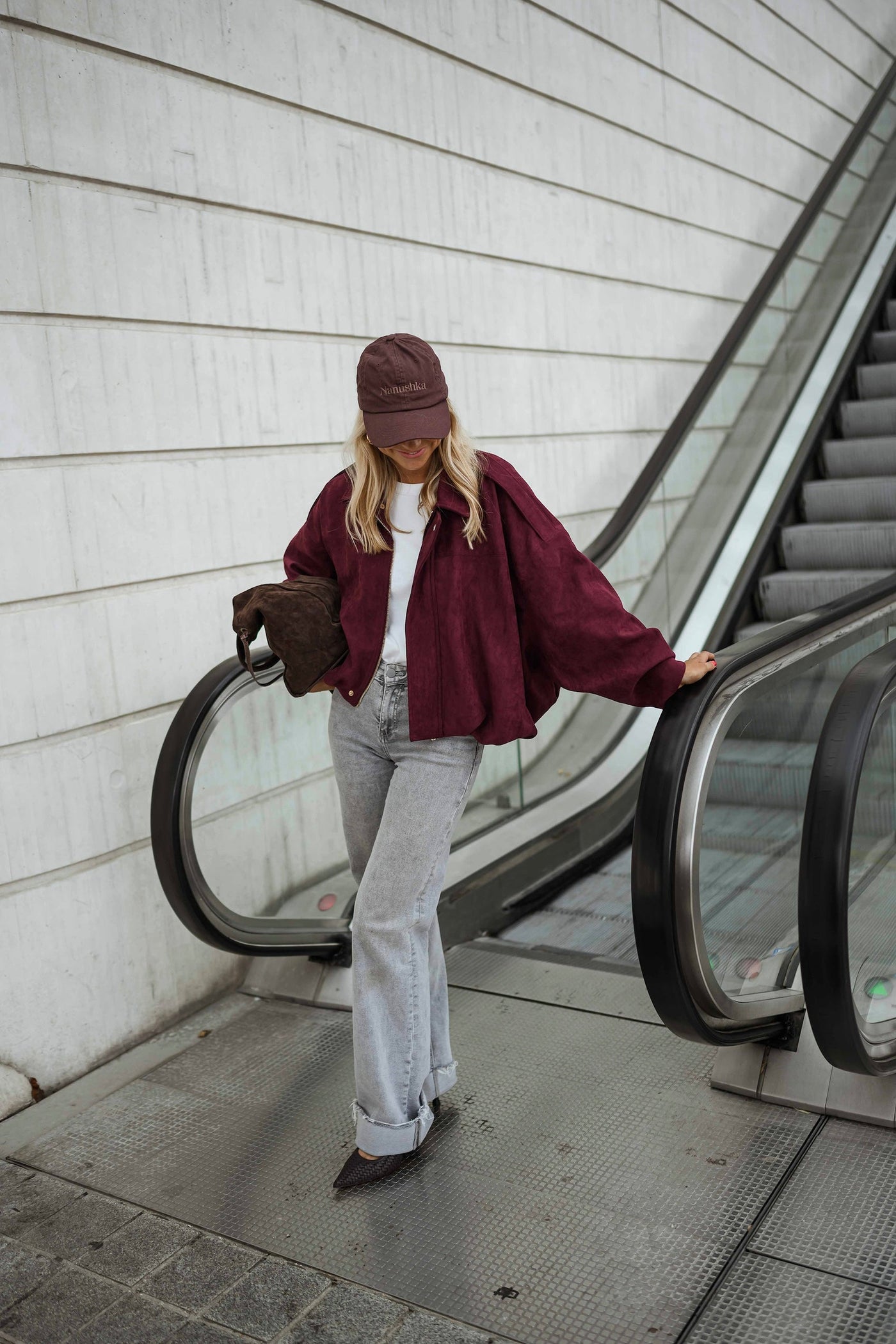 Burgundy Suede‑Effect Dave Jacket with Gold Zipper Relaxed Fit
