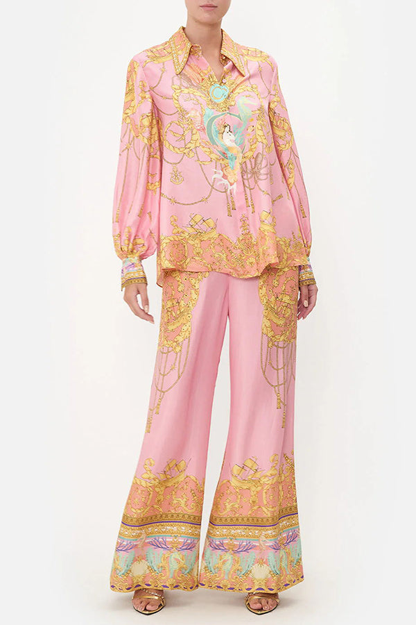 Mermaid Motel Unique Print Long Sleeve Loose Shirt & Elastic Waist Pants Set