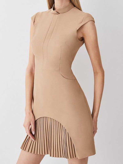 Chic Pleated Mini Dress with Cap Sleeves - Versatile Stand Collar Design