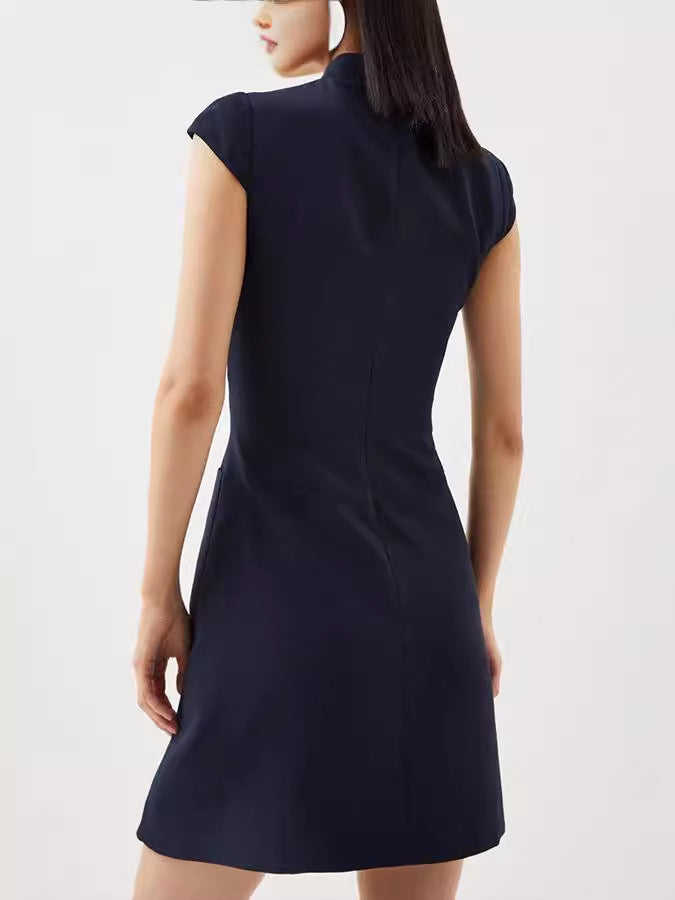 Chic Pleated Mini Dress with Cap Sleeves - Versatile Stand Collar Design