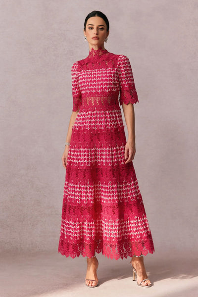 Sophisticated Red Embroidered Lace Midi Dress with High Collar Half Sleeves
