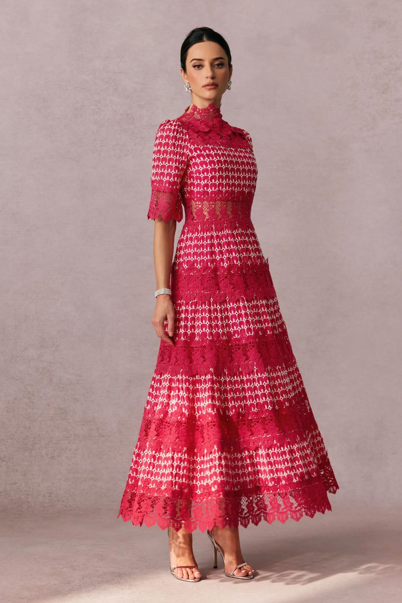 Sophisticated Red Embroidered Lace Midi Dress with High Collar Half Sleeves