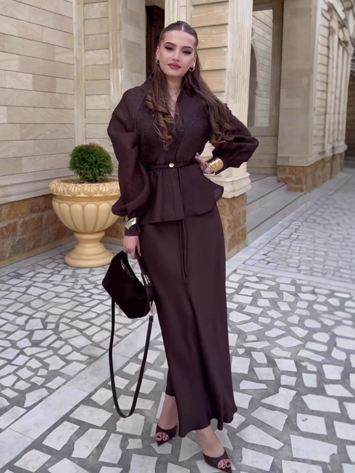 Brown V-Neck High-Waisted Skirt Set