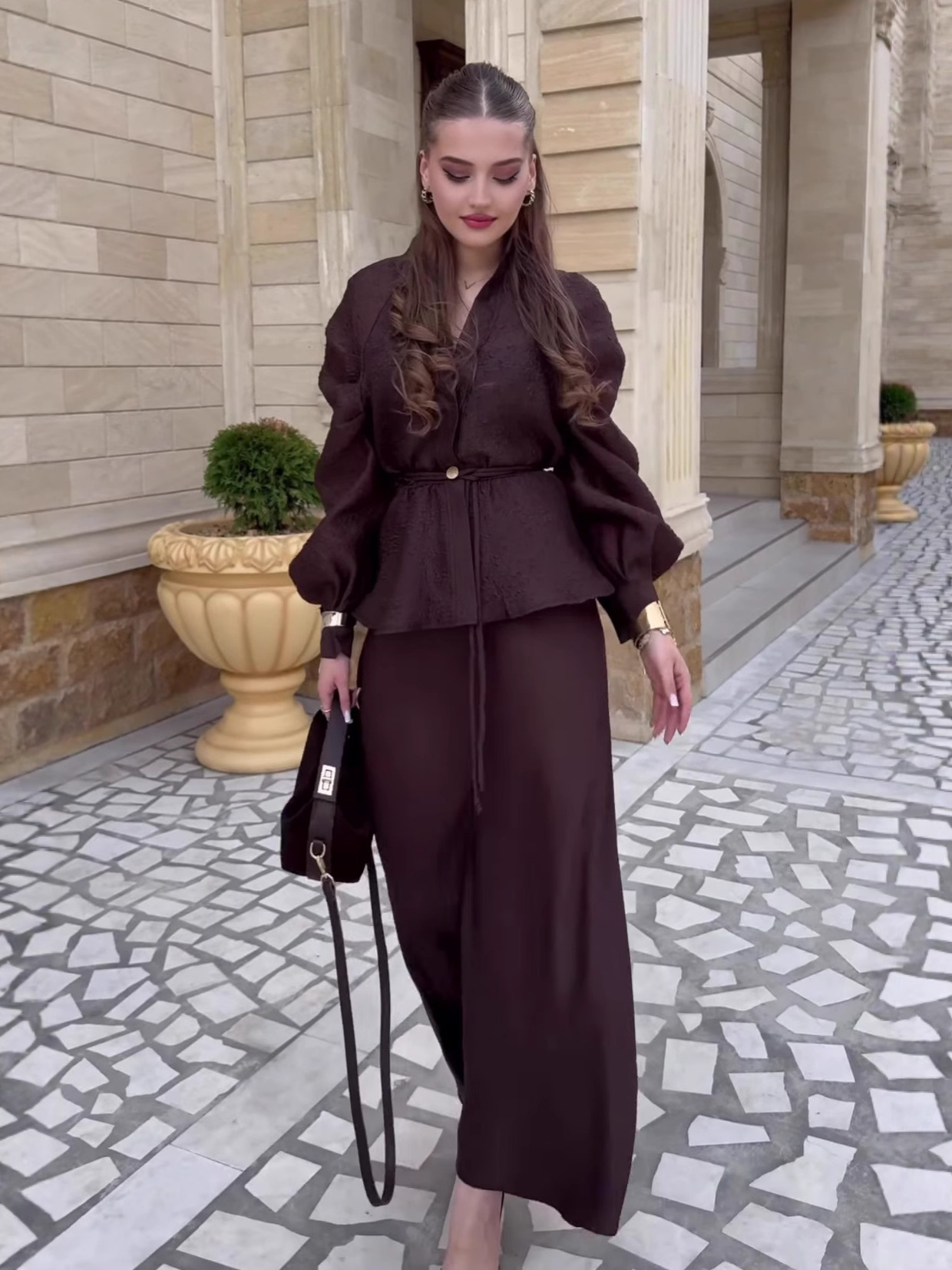 Brown V-Neck High-Waisted Skirt Set