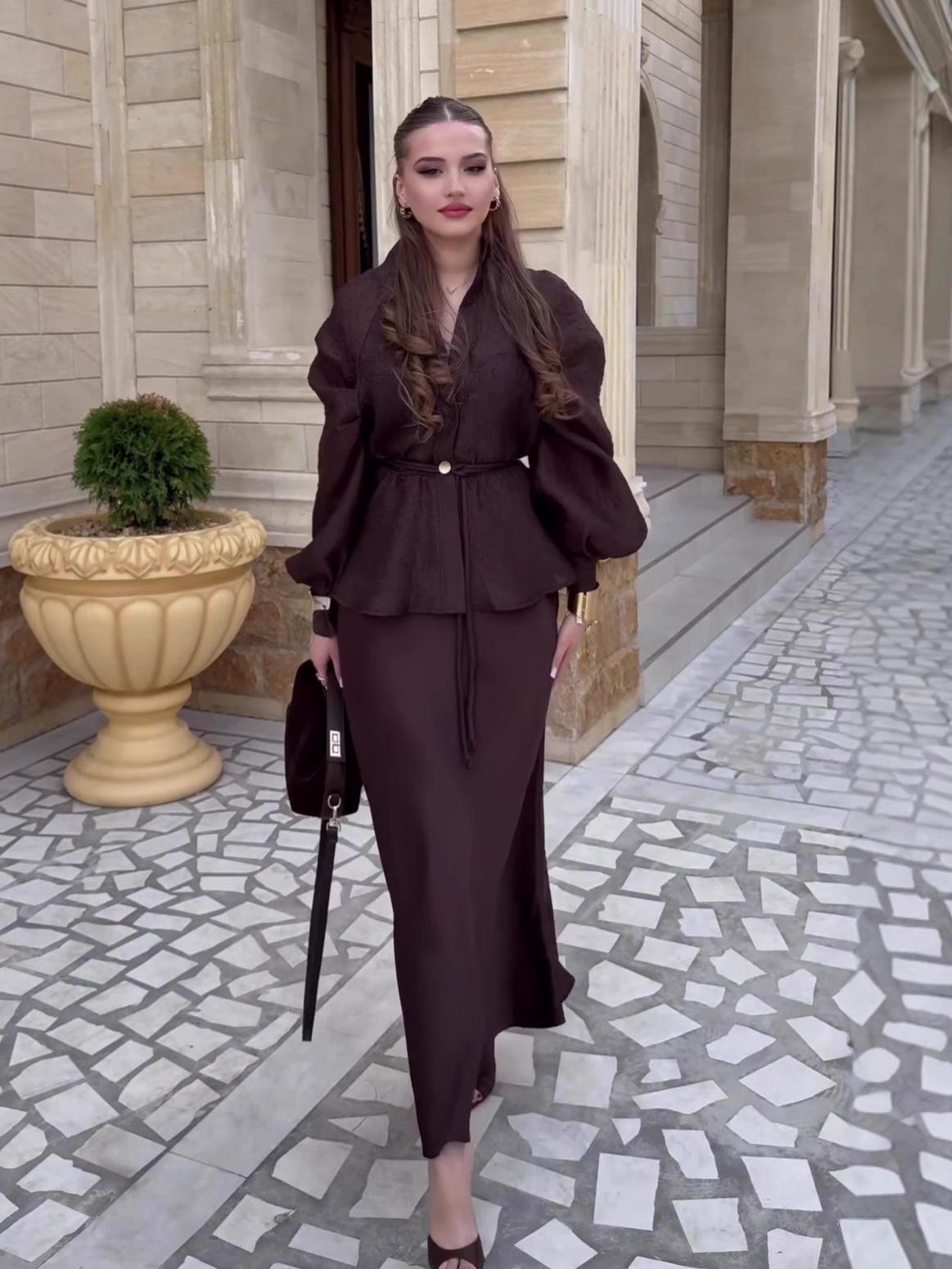 Brown V-Neck High-Waisted Skirt Set