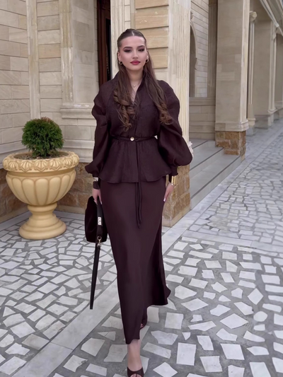 Brown V-Neck High-Waisted Skirt Set