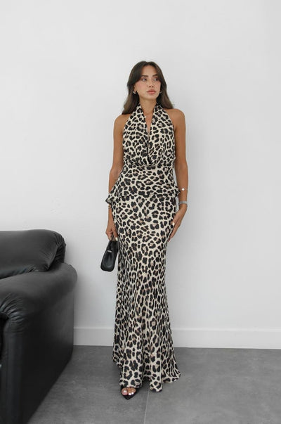 Satin Leopard Print Draped Collar Blouse and Skirt Set for Women