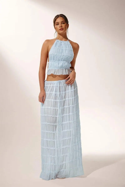 Rosalie Backless Pleated Chiffon Two-Piece Set: Ruched Backless Top & Maxi Skirt
