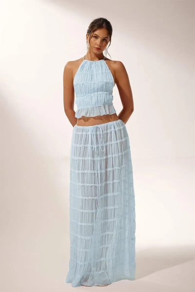 Rosalie Backless Pleated Chiffon Two-Piece Set: Ruched Backless Top & Maxi Skirt