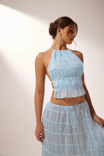 Rosalie Backless Pleated Chiffon Two-Piece Set: Ruched Backless Top & Maxi Skirt