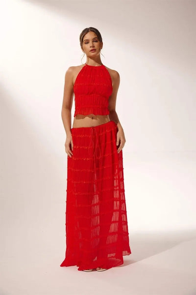 Rosalie Backless Pleated Chiffon Two-Piece Set: Ruched Backless Top & Maxi Skirt