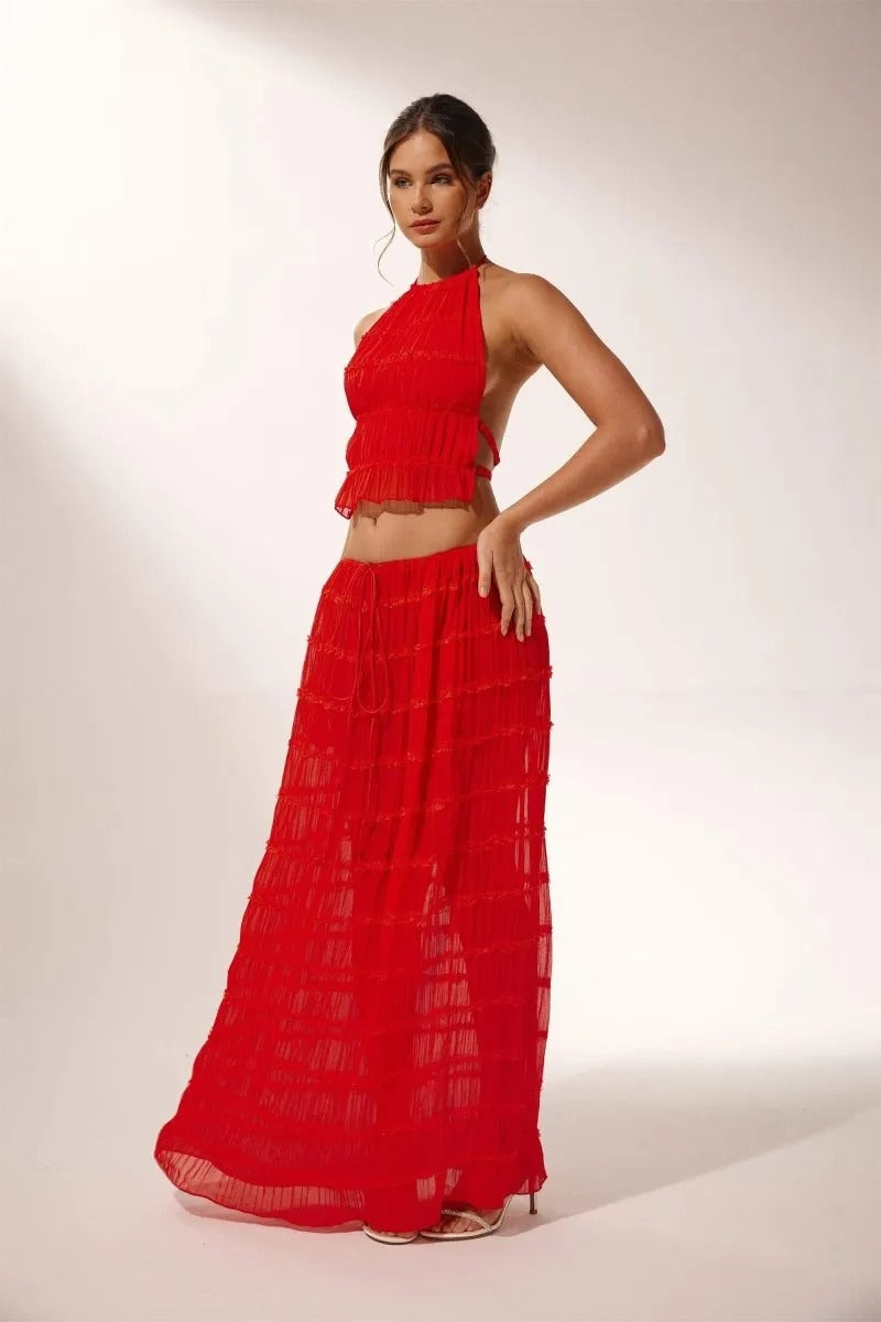 Rosalie Backless Pleated Chiffon Two-Piece Set: Ruched Backless Top & Maxi Skirt