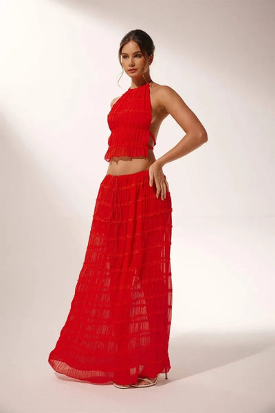 Rosalie Backless Pleated Chiffon Two-Piece Set: Ruched Backless Top & Maxi Skirt