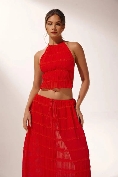 Rosalie Backless Pleated Chiffon Two-Piece Set: Ruched Backless Top & Maxi Skirt